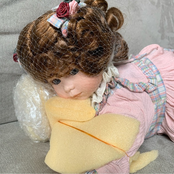 "My Baby Bright Eyes" 14” Porcelain Doll Laying Down Country Pink & Plaid #26372 - Picture 5 of 5